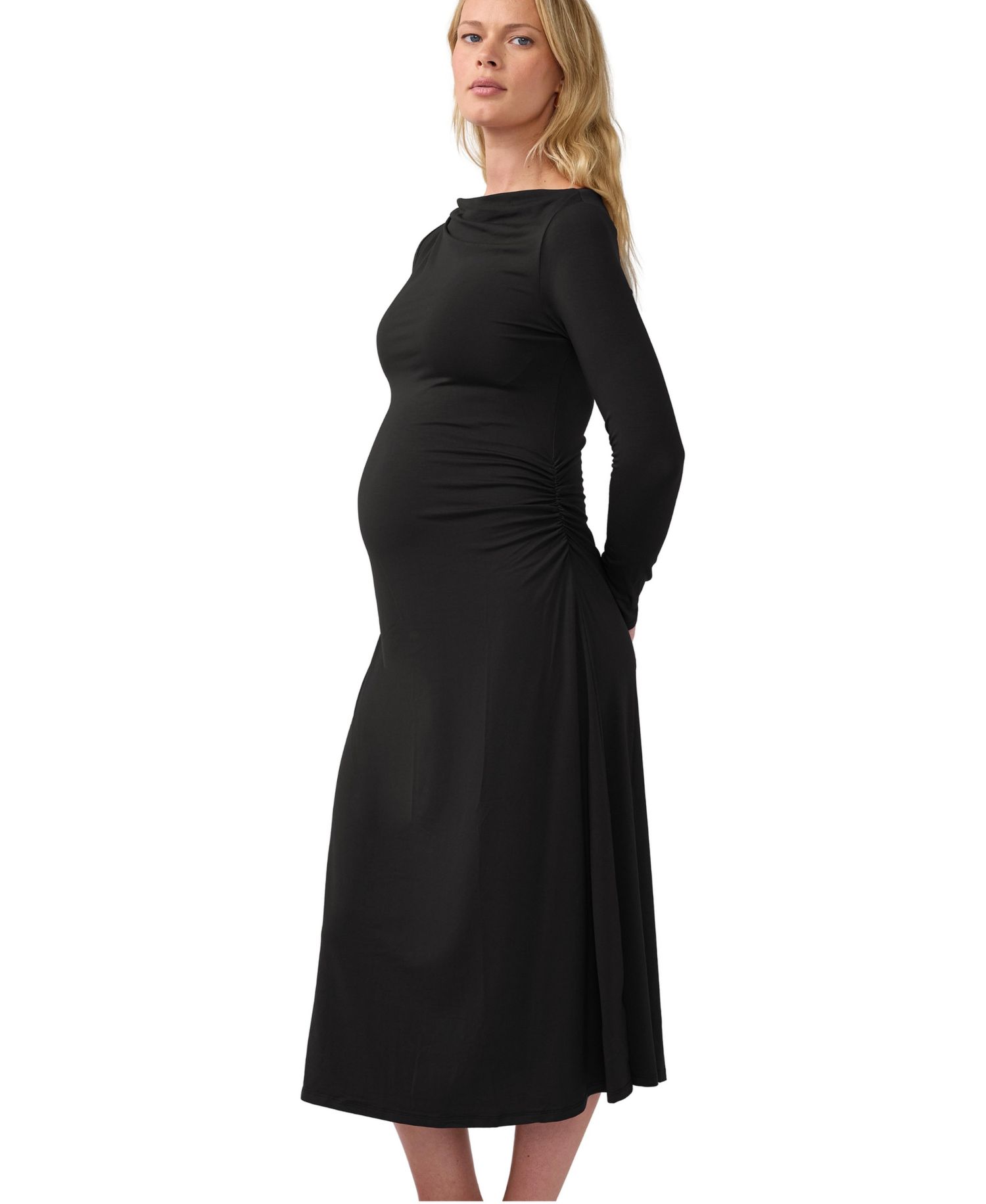 Maternity Long-Sleeve Mock-Neck Ruched Midi Dress