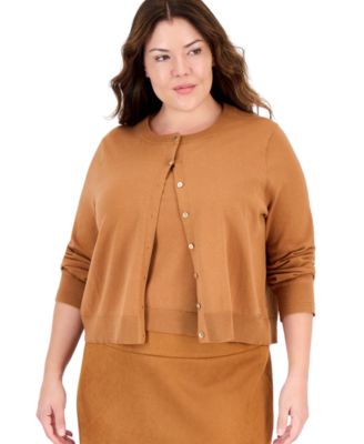 Plus Size Cotton-Blend Fitted Crew Neck Button-Front Cardigan