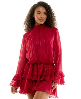 Juniors' Mock Neck Long Sleeve Blouson Mini Dress
