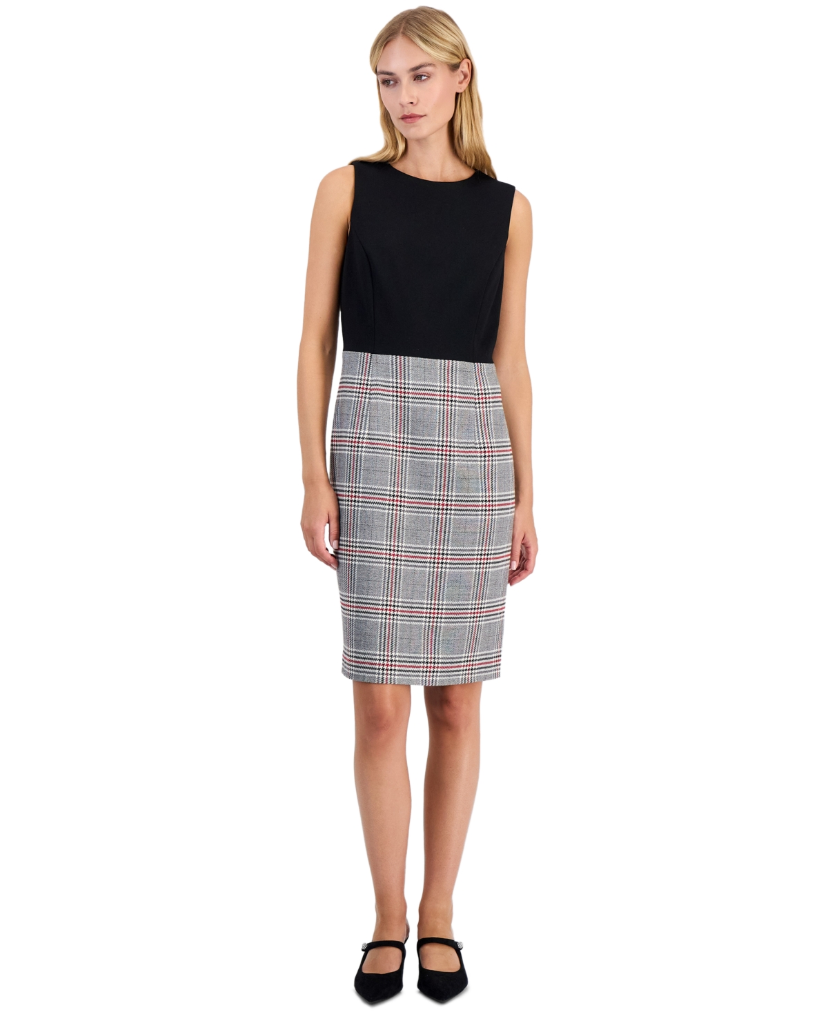 Kasper Women's Sleeveless Compression Plaid Princess Seam Sheath Dress In Black Multi
