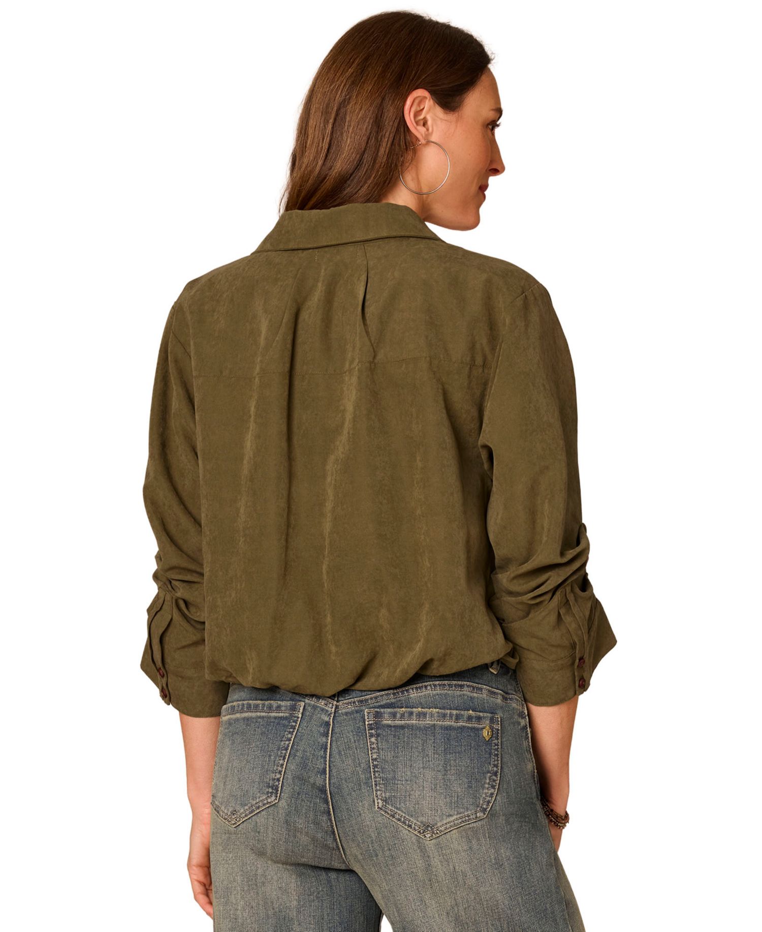 Petite Ruched-Sleeve Bubble-Hem Shirt