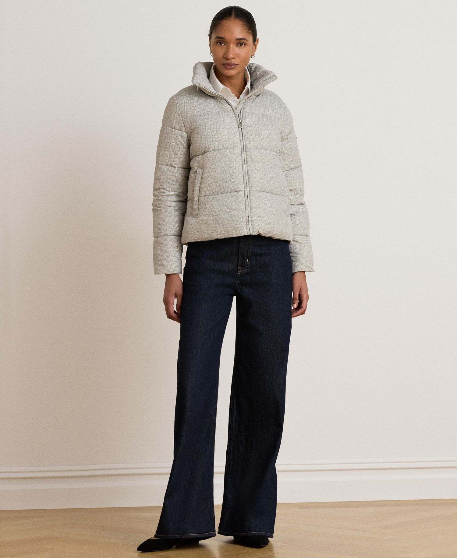 Women's Herringbone-Print Short Puffer Coat