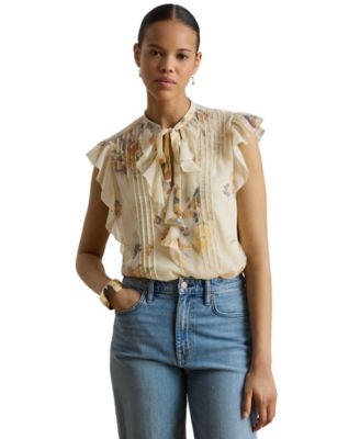 Women's Floral Pintucked Band Collar Tie-Neck Blouse