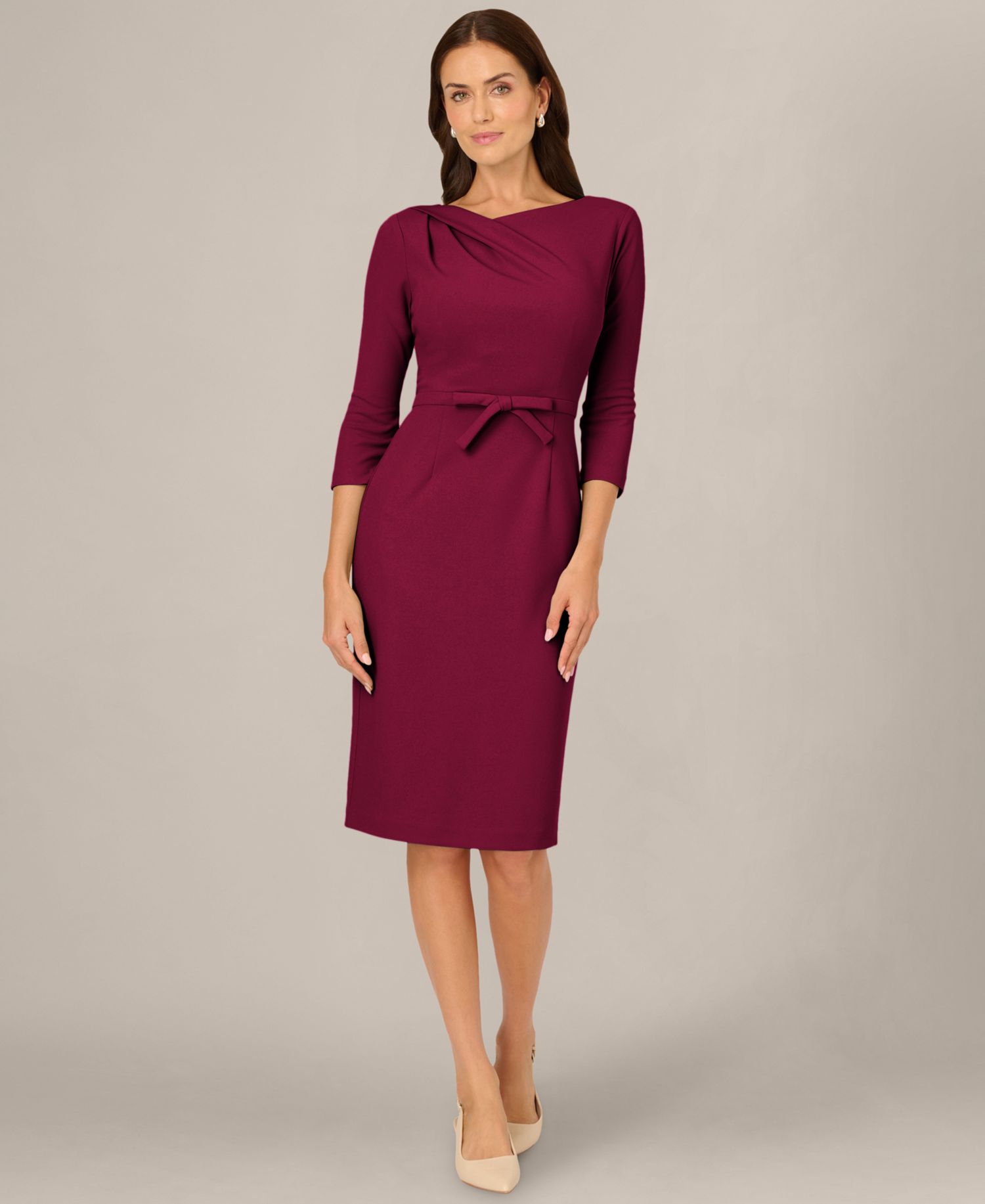 Petite Asymmetrical-Neck Bow 3/4-Sleeve Dress