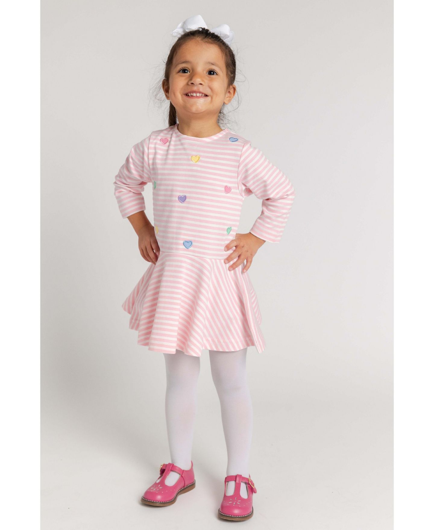 Платье Florence Eiseman Long-Sleeve Drop-Waist Heart-Applique Dress для девочек-малышей, цвет: Розовый / Белый — фото 4