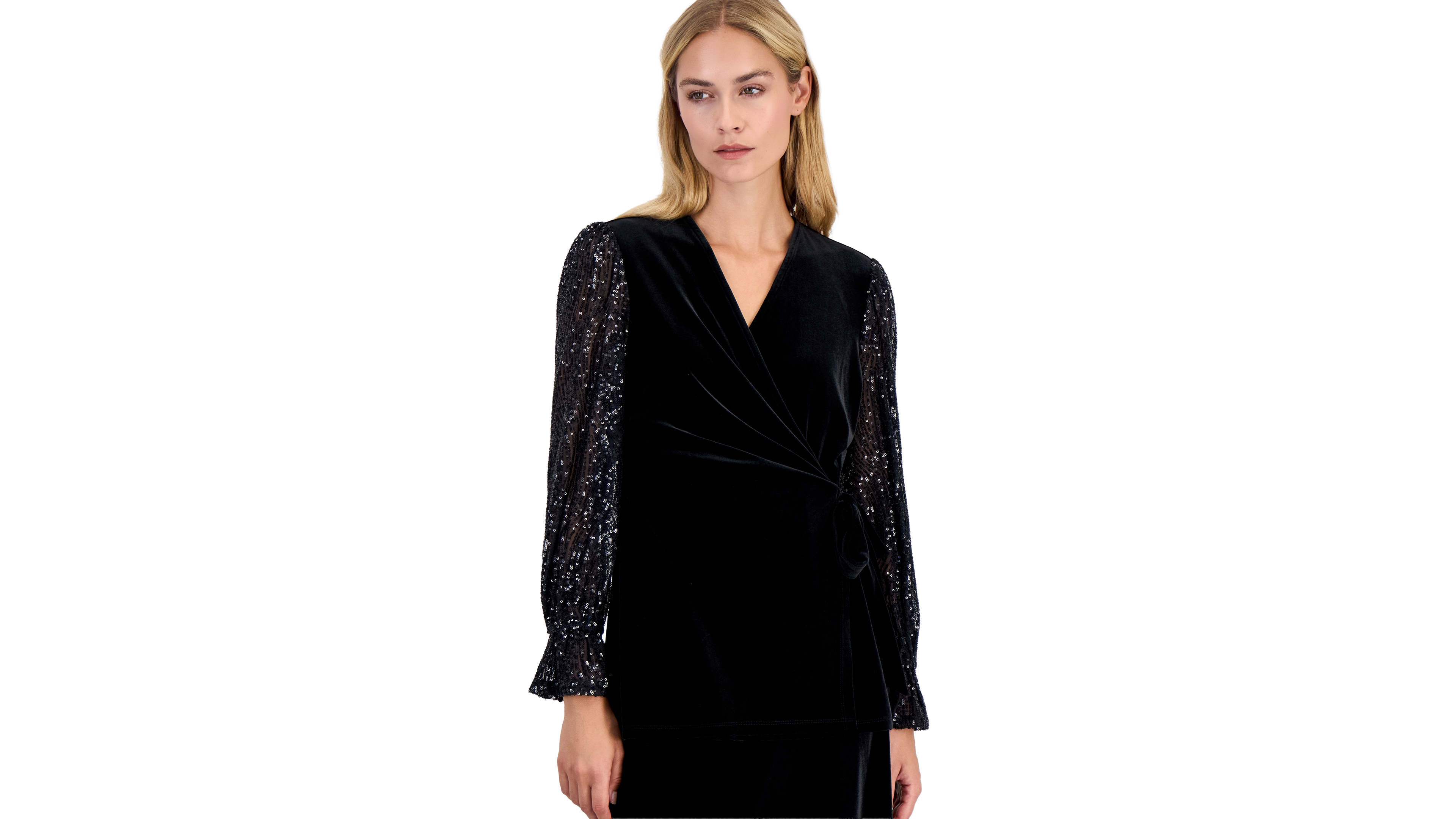 Anne Klein Women's Long-Sleeve Ruffle-Cuff Sequin Wrap Blouse