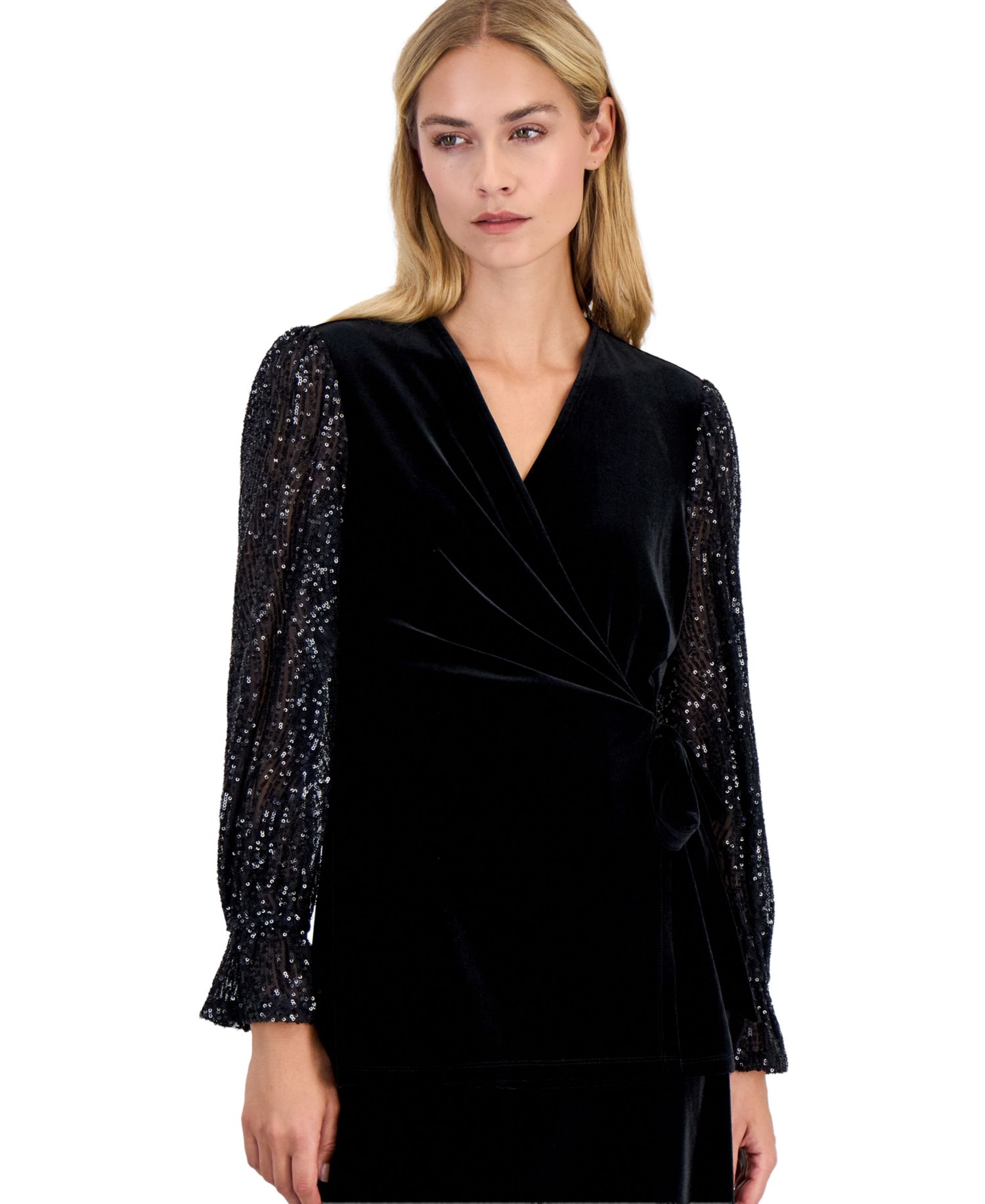 Women's Long-Sleeve Ruffle-Cuff Wrap Blouse