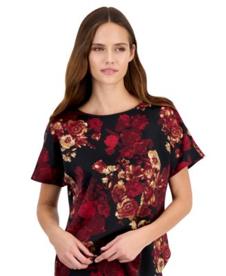 Petite Bateau Neck Floral-Print Blouse
