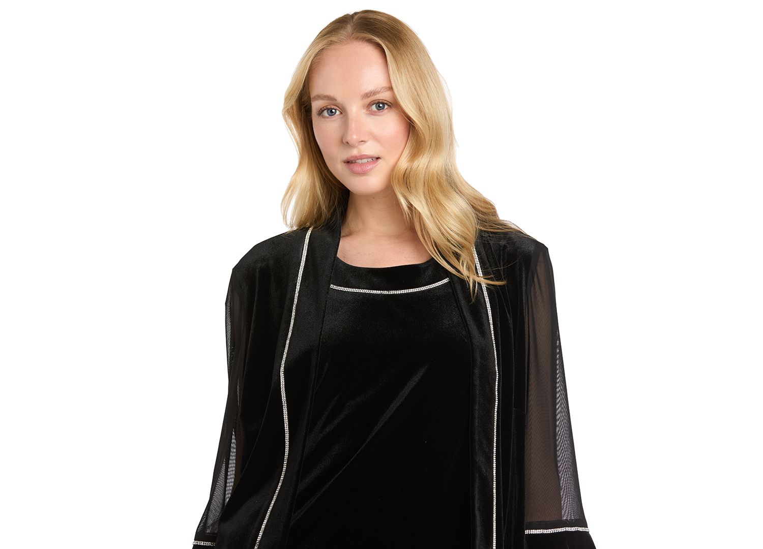 Women's Rhinestone Scoop Neck Velvet Jacket and Dress, 2-Piece Set