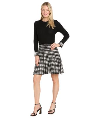 Women's Long-Sleeve Houndstooth Sweater Dress