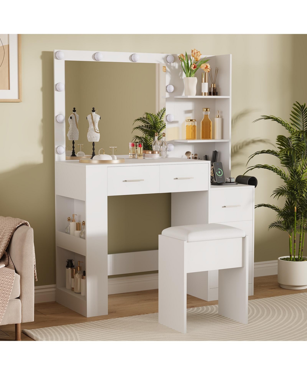 gaomon 41" Large Makeup Vanity Desk with 10-Bulb Mirror and Built-in Outlets - Dressing Table Featuring 3 Color Lighting Modes, 5 Drawers - White