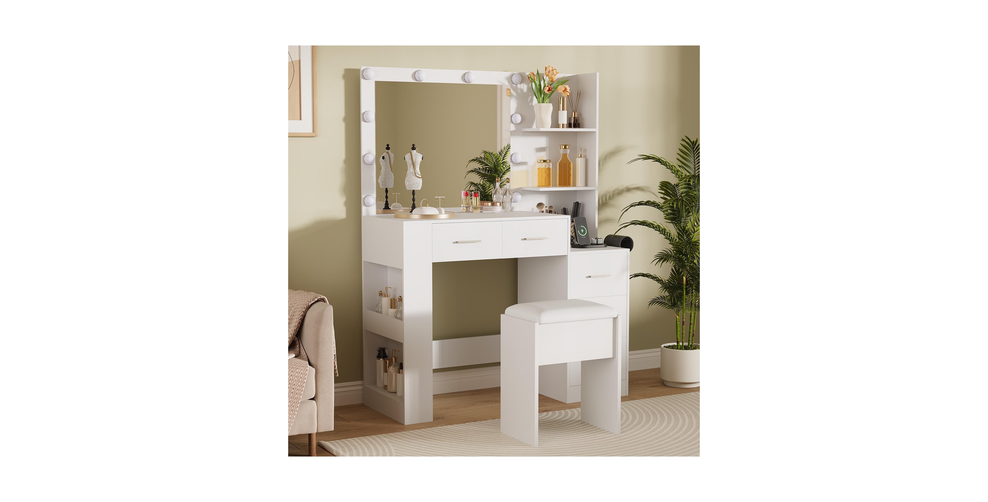 gaomon 41" Large Makeup Vanity Desk with 10-Bulb Mirror and Built-in Outlets - Dressing Table Featuring 3 Color Lighting Modes, 5 Drawers