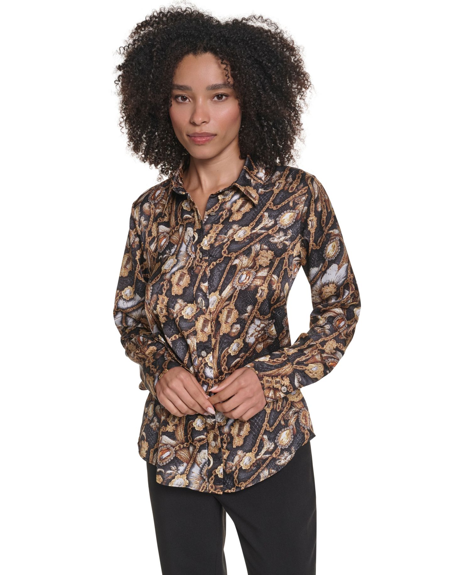Women's KL623 Satin Long-Sleeve Point-Collar Blouse