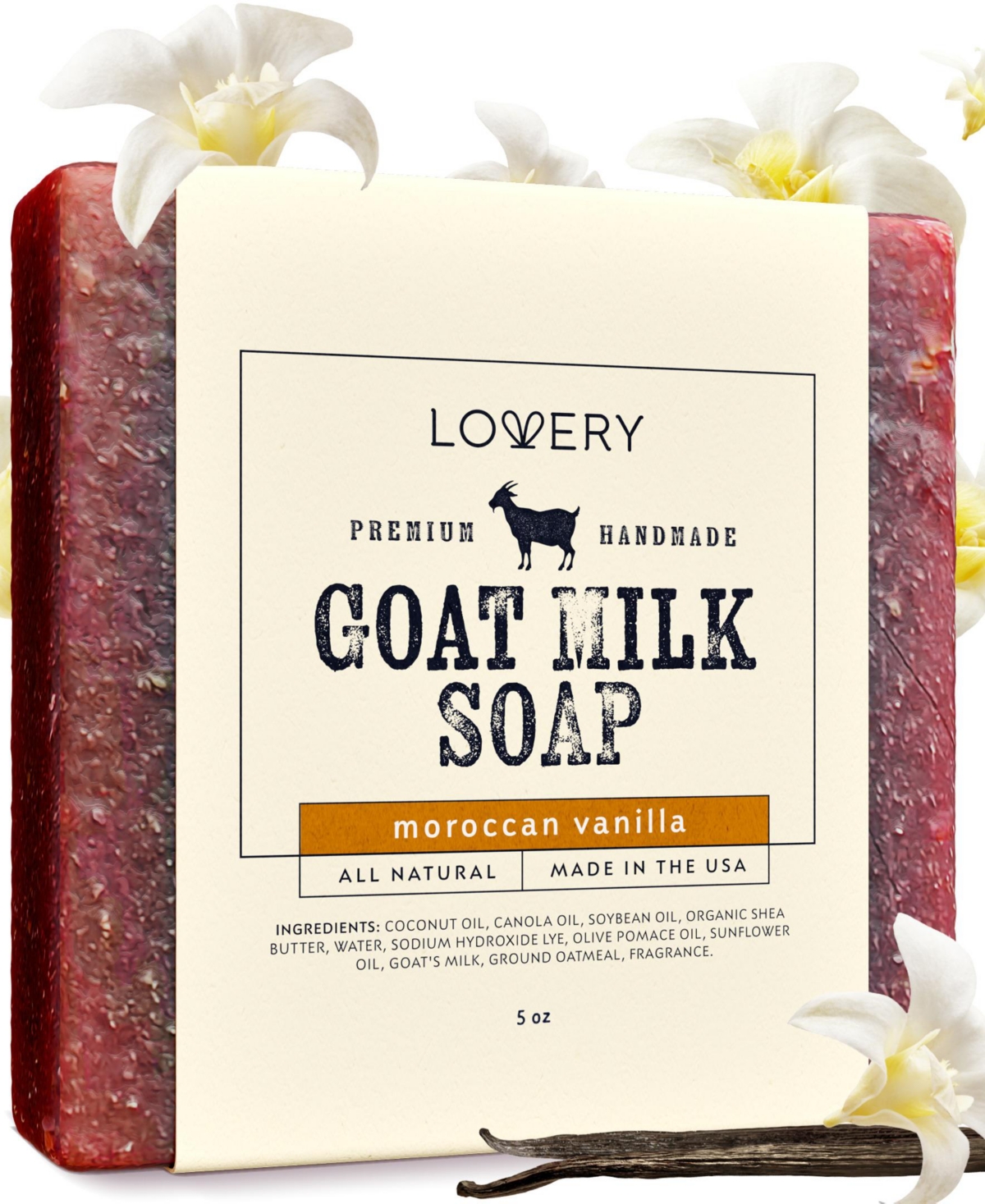 Lovery Handmade Goat Milk Soap Bar Made in Usa with Shea Butter and Oatmeal – Moroccan Vanilla Scent, Soap, 5 oz