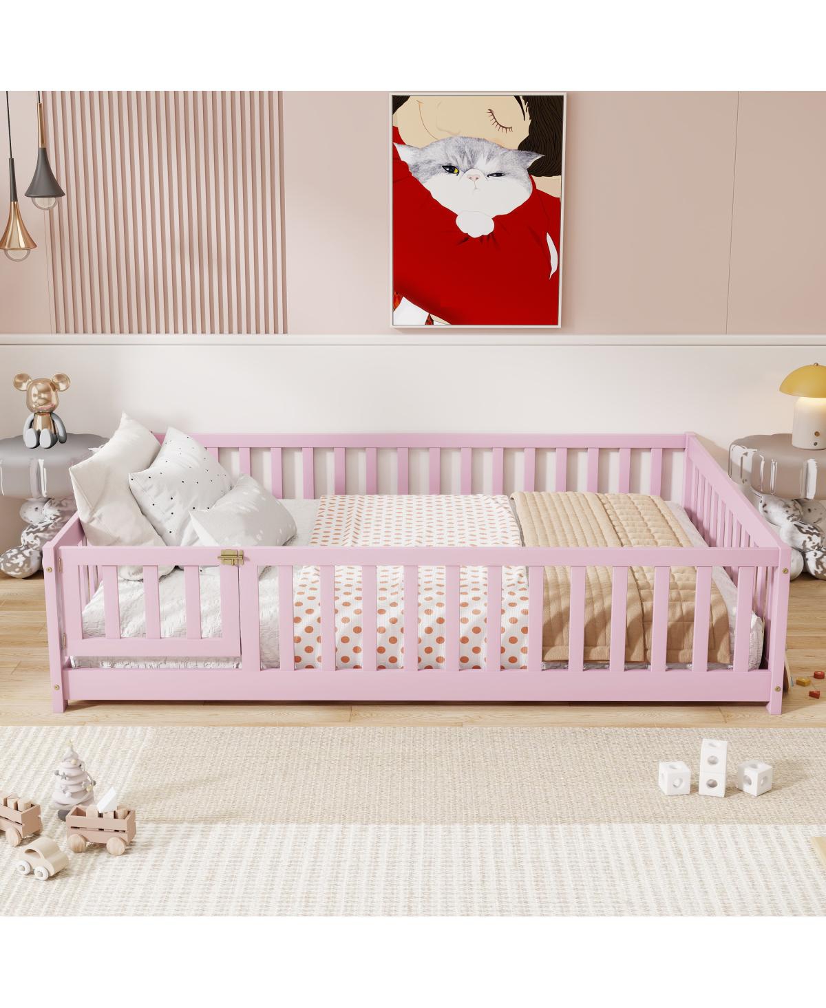 Streamdale Furniture Floor Bed with Fence, Door and Safety Guardrails