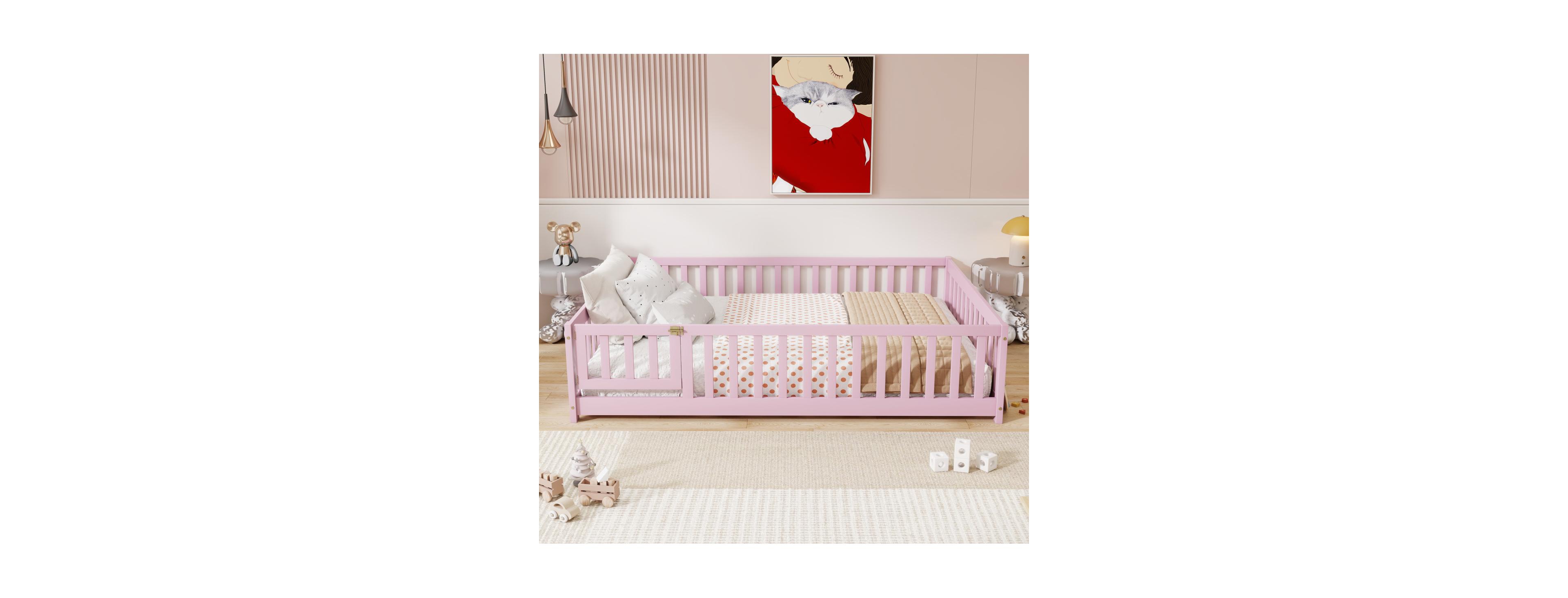 Streamdale Furniture Floor Bed with Fence, Door and Safety Guardrails