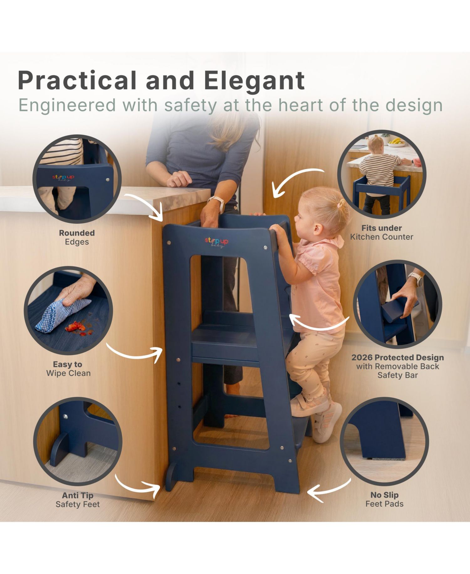 Toddler Tower Adjustable Height Wooden Step Stool for Kids Toddler Standing Tower and Child-safe Knife, Chopping Board for 18M-4Y