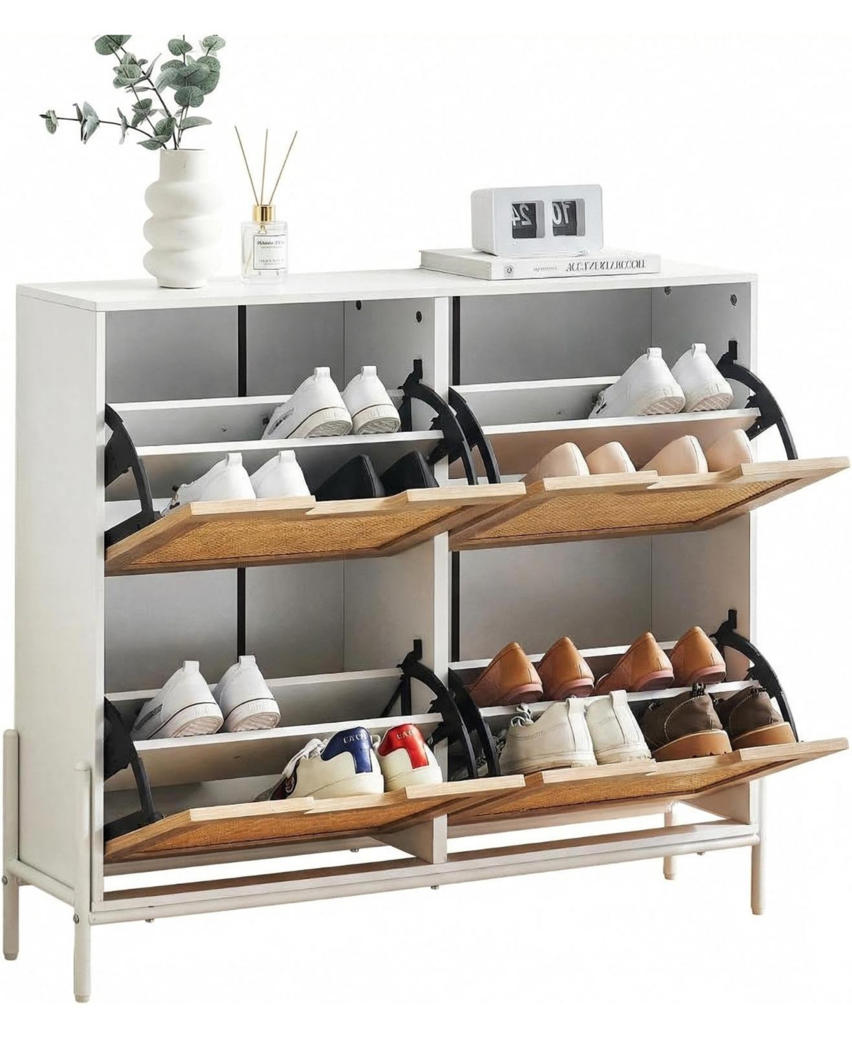 gaomon 4 Door Rattan Shoe Cabinet Organizer, Flip Doors, Adjustable Shelves, Elegant White Border, Wood Drawer, Entryway Storage