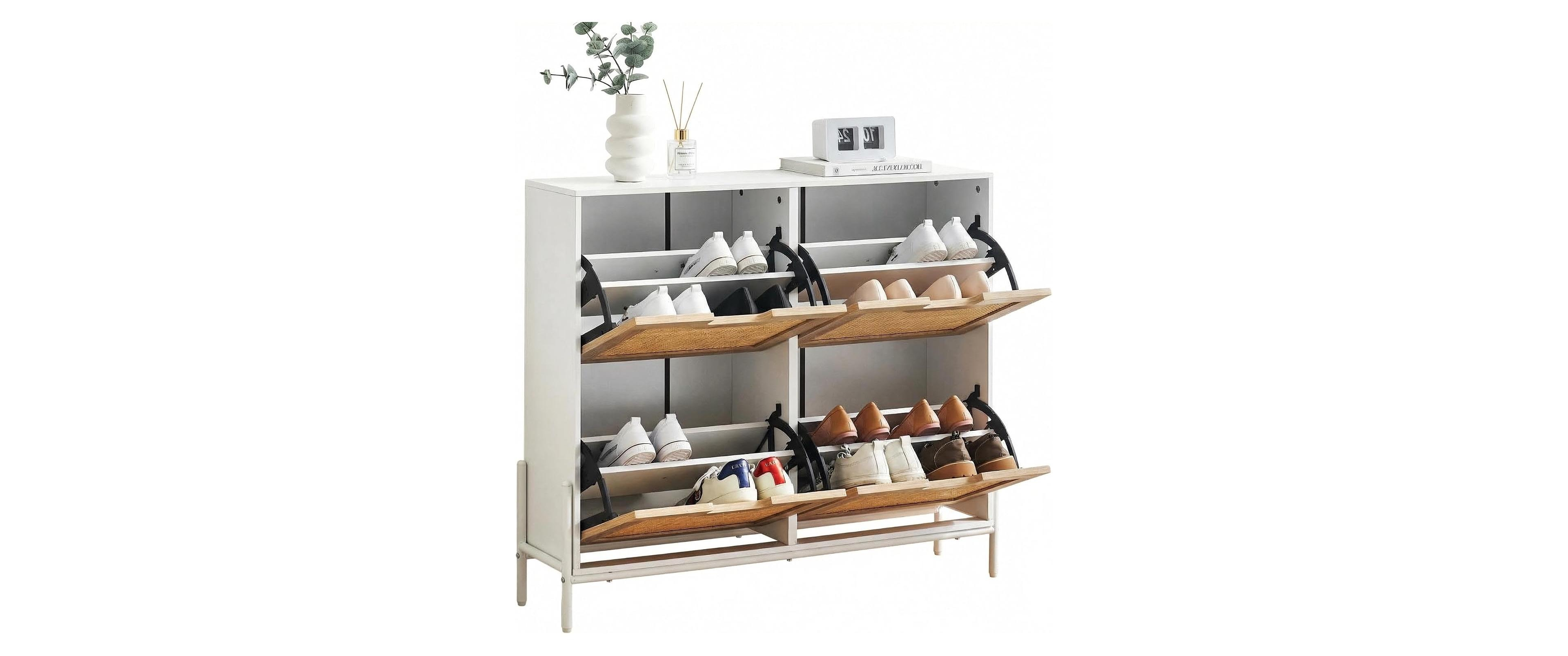 gaomon 4 Door Rattan Shoe Cabinet Organizer, Flip Doors, Adjustable Shelves, Elegant White Border, Wood Drawer, Entryway Storage