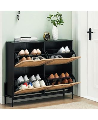 Rattan Shoe Storage Cabinet with 4 Flip Drawers, Narrow Freestanding Shoe Organizer for Entryway