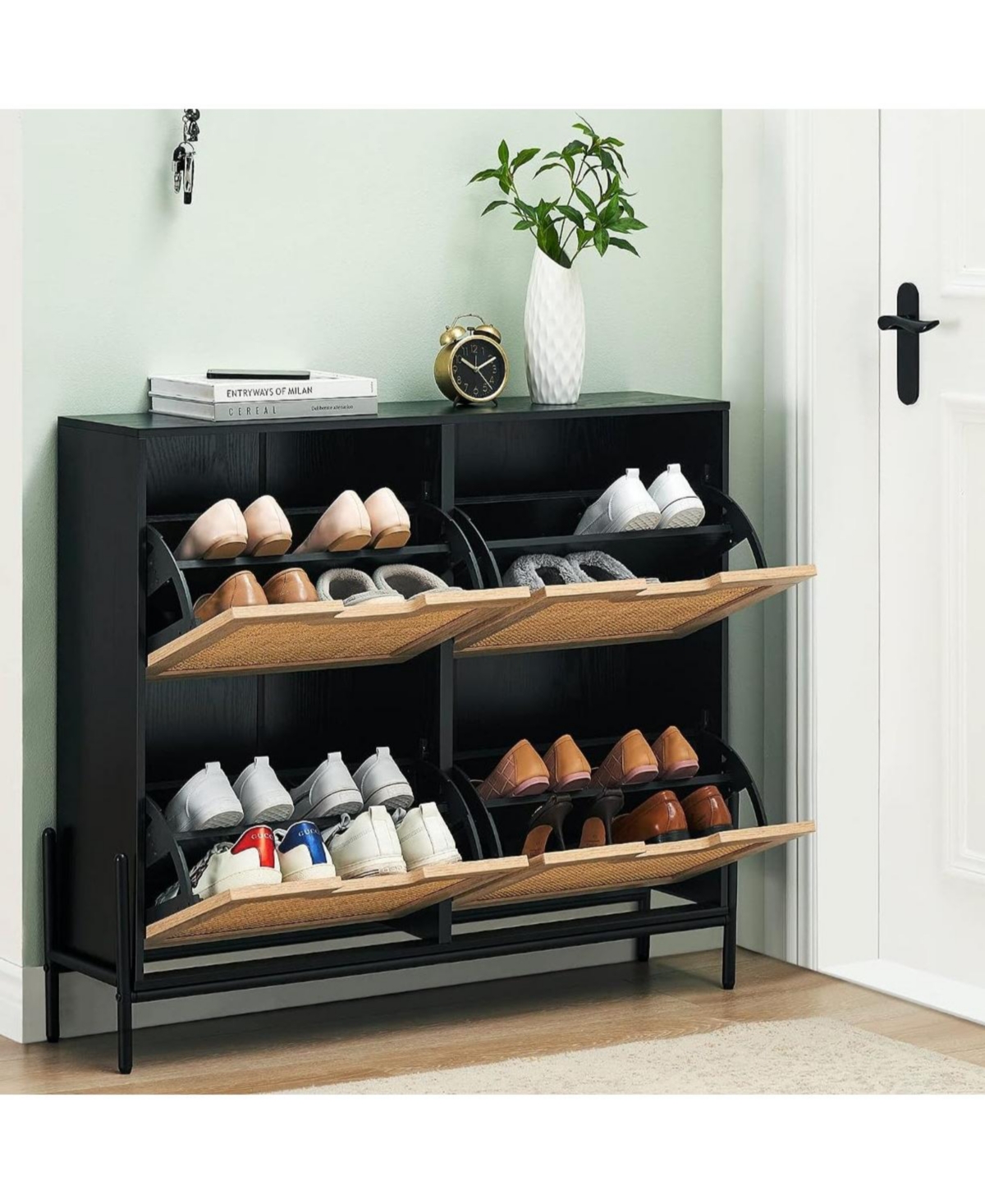 gaomon Rattan Shoe Storage Cabinet with 4 Flip Drawers, Narrow Freestanding Shoe Organizer for Entryway