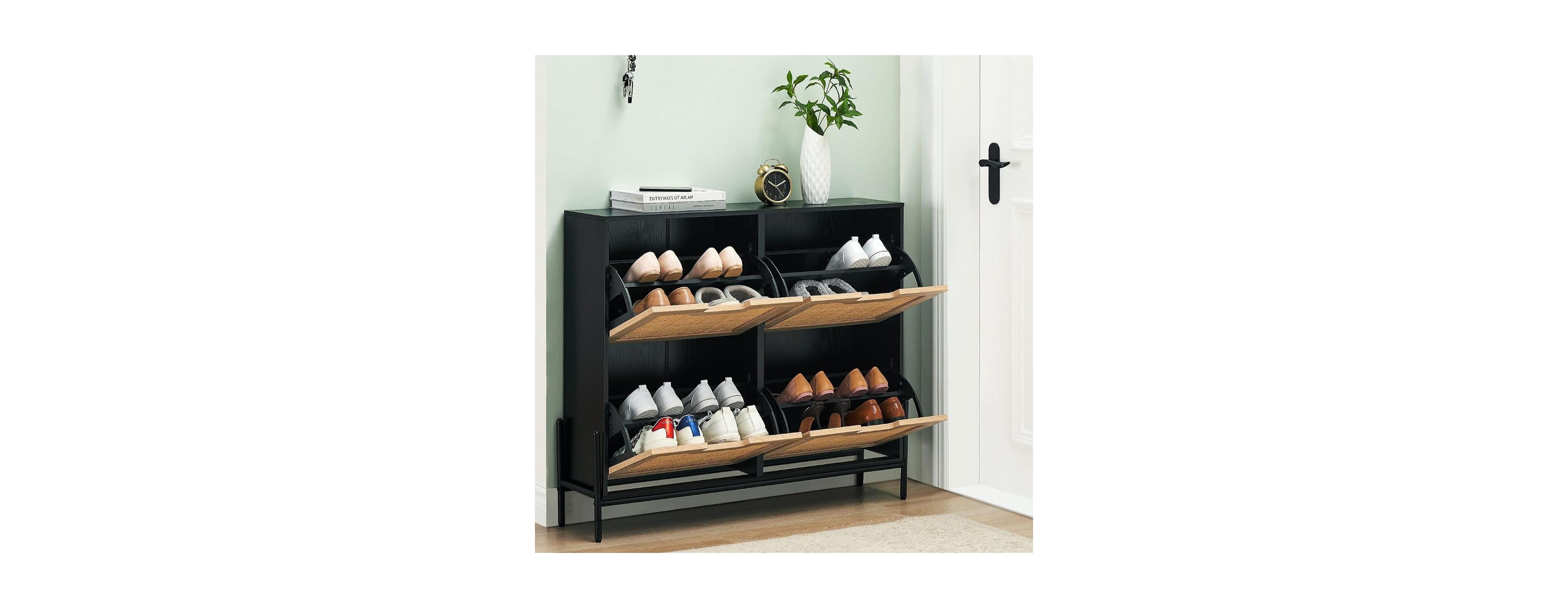 gaomon Rattan Shoe Storage Cabinet with 4 Flip Drawers, Narrow Freestanding Shoe Organizer for Entryway