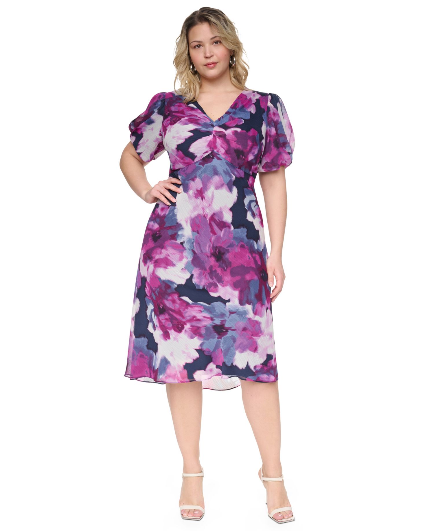 Plus Size Empire Waist Floral Puff-Sleeve Midi Dress