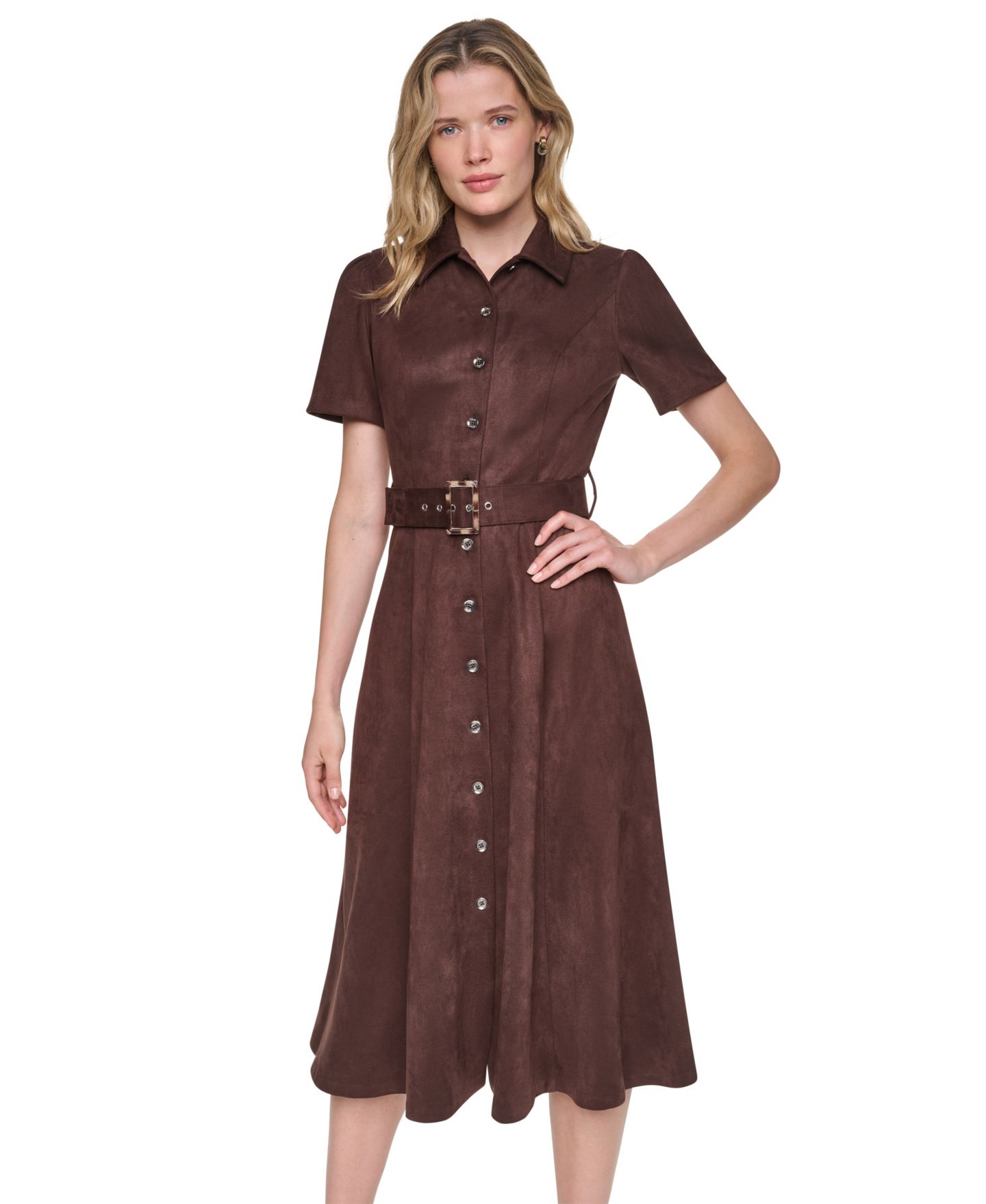 Женское платье DKNY Petite Faux Suede Short-Sleeve Midi Shirt Dress, цвет: Кофейный — фото 2