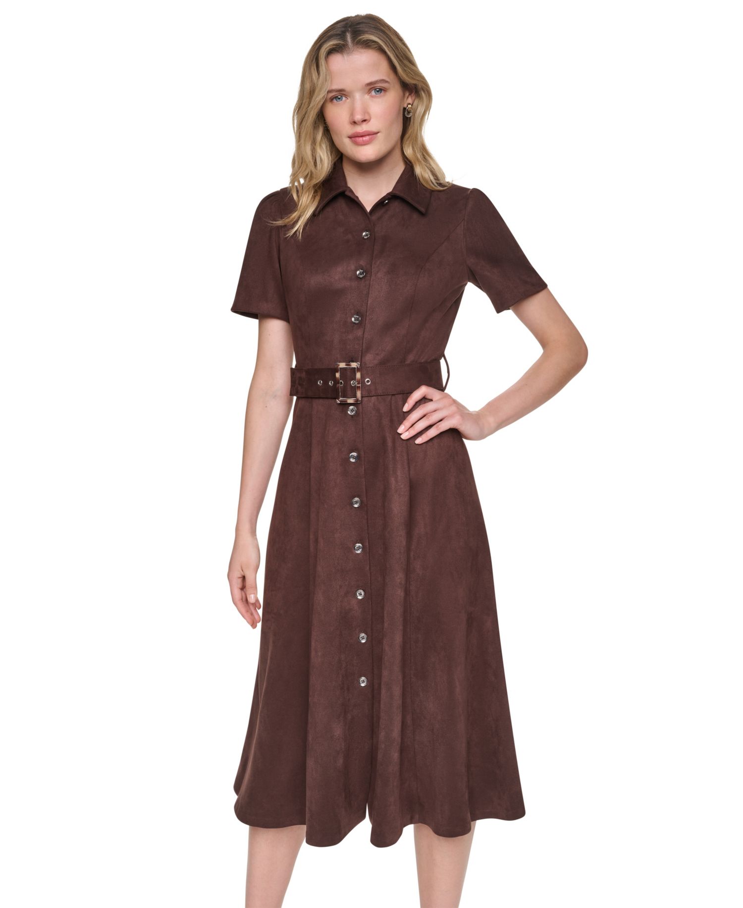 Petite Faux Suede Short-Sleeve Midi Shirt Dress