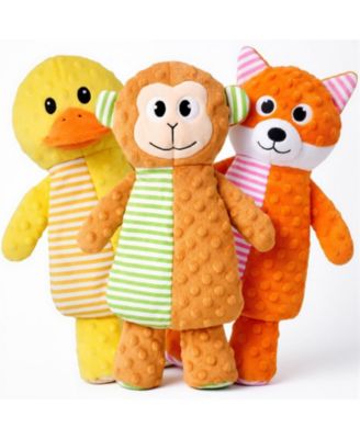3 Pack No Stuffing Crinkle Plush Dog Toys Fox Duck Monkey Designs