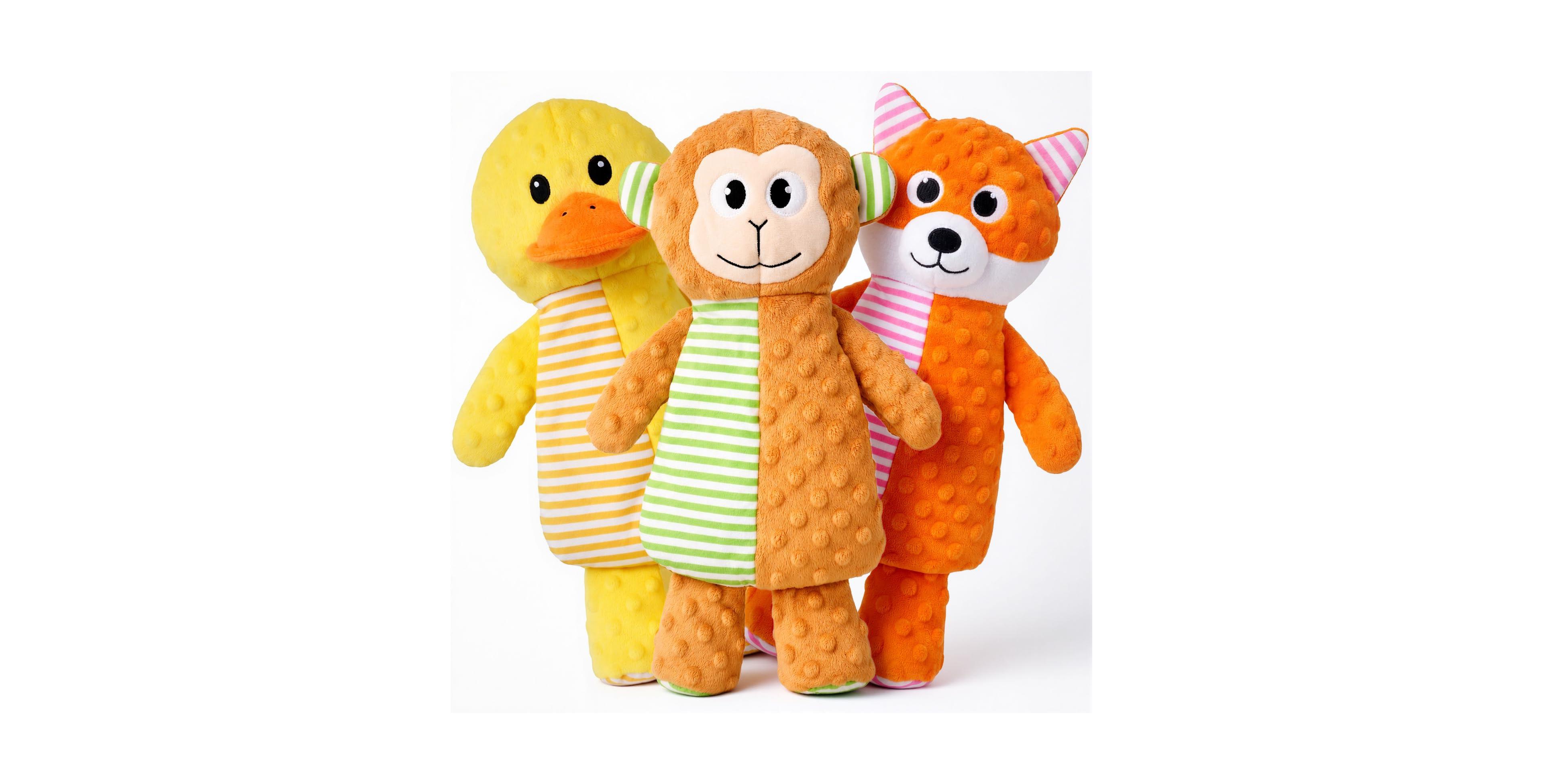 Magicorange 3 Pack No Stuffing Crinkle Plush Dog Toys Fox Duck Monkey Designs
