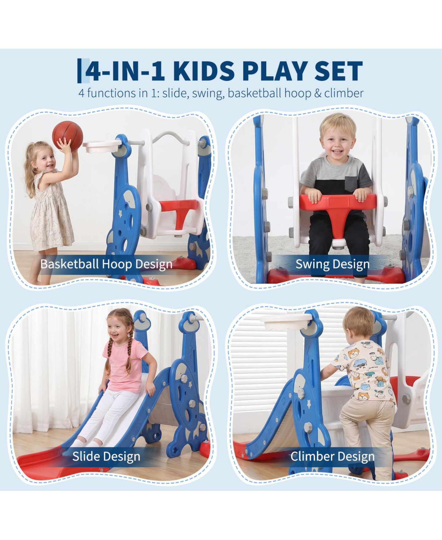 Детский игровой набор homfan Multi-Function Indoor Slide and Swing Play Set with Basketball Hoop, Ages 1+, цвет: Синий — фото 8
