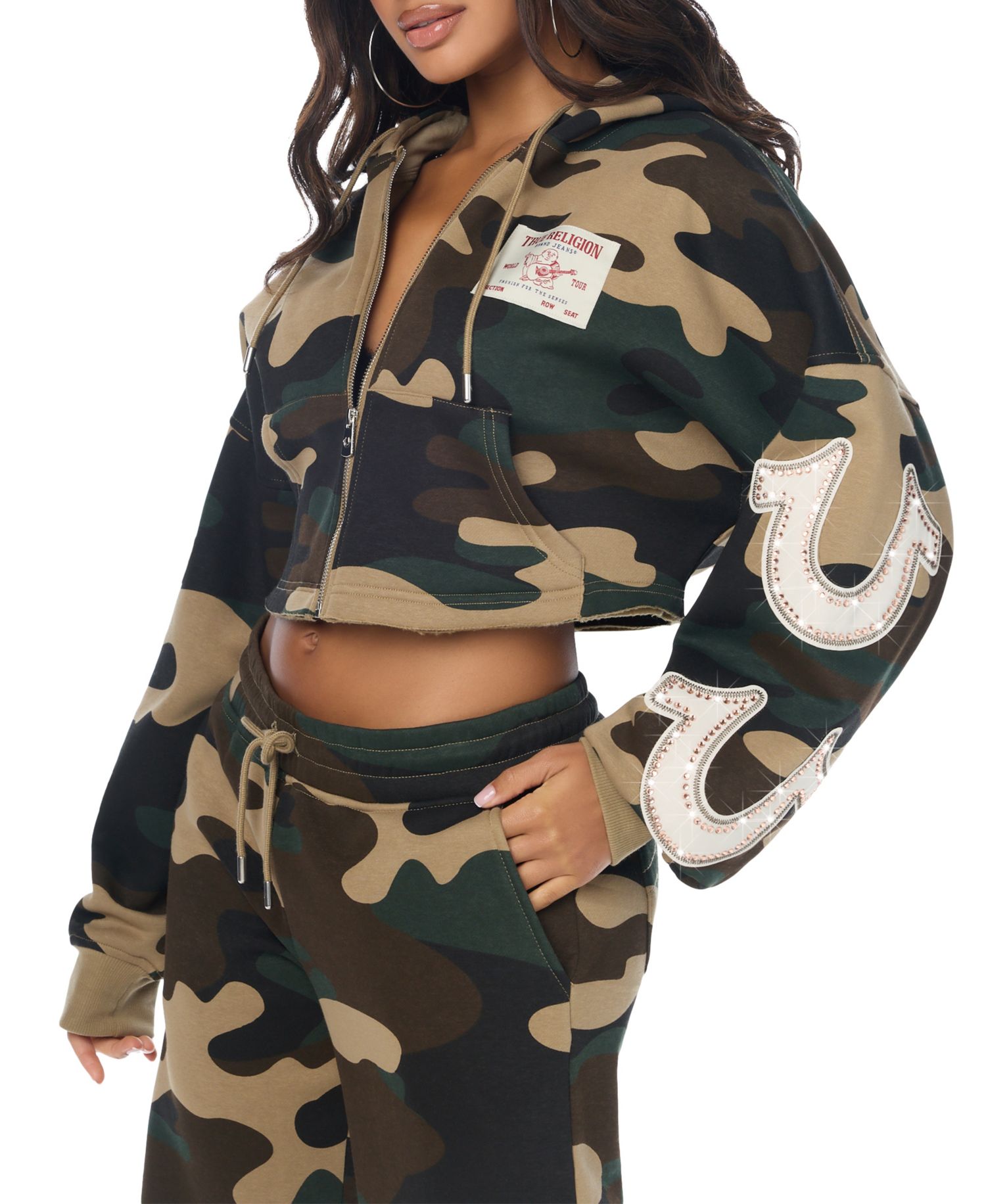 Women's Camo Velour Shrunken Full-Zip Cropped Hoodie