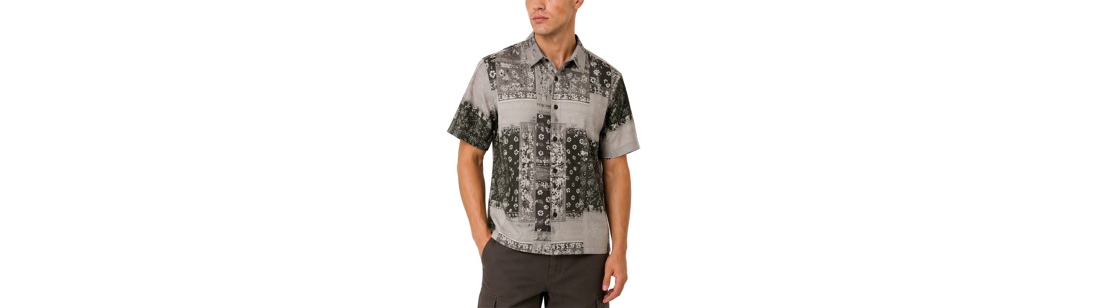 Guess Men's Eco Rayon Patchwork Short-Sleeve Spread Collar Button-Up Shirt