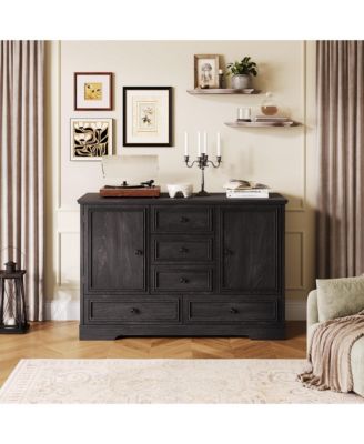  Farmhouse Sideboard Buffet Cabinet, Wood Finish with 5 Drawers and 2 Doors, Coffee Bar Storage Credenza for Dining Room Living Room Entryway