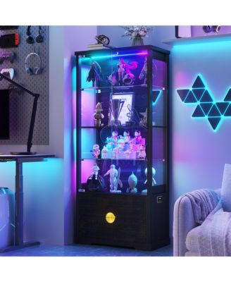 Display Cabinet with Glass Doors and RGB LED Lights 2 Drawers