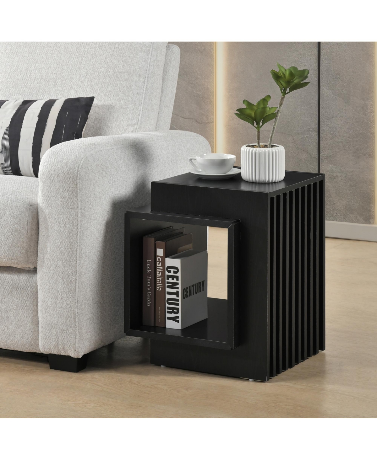 Kings Brand Furniture Modern End Table with Open Cube Storage, Wood Nightstand Accent Side Table for Bedroom, Living Room, Office - Oak (black)