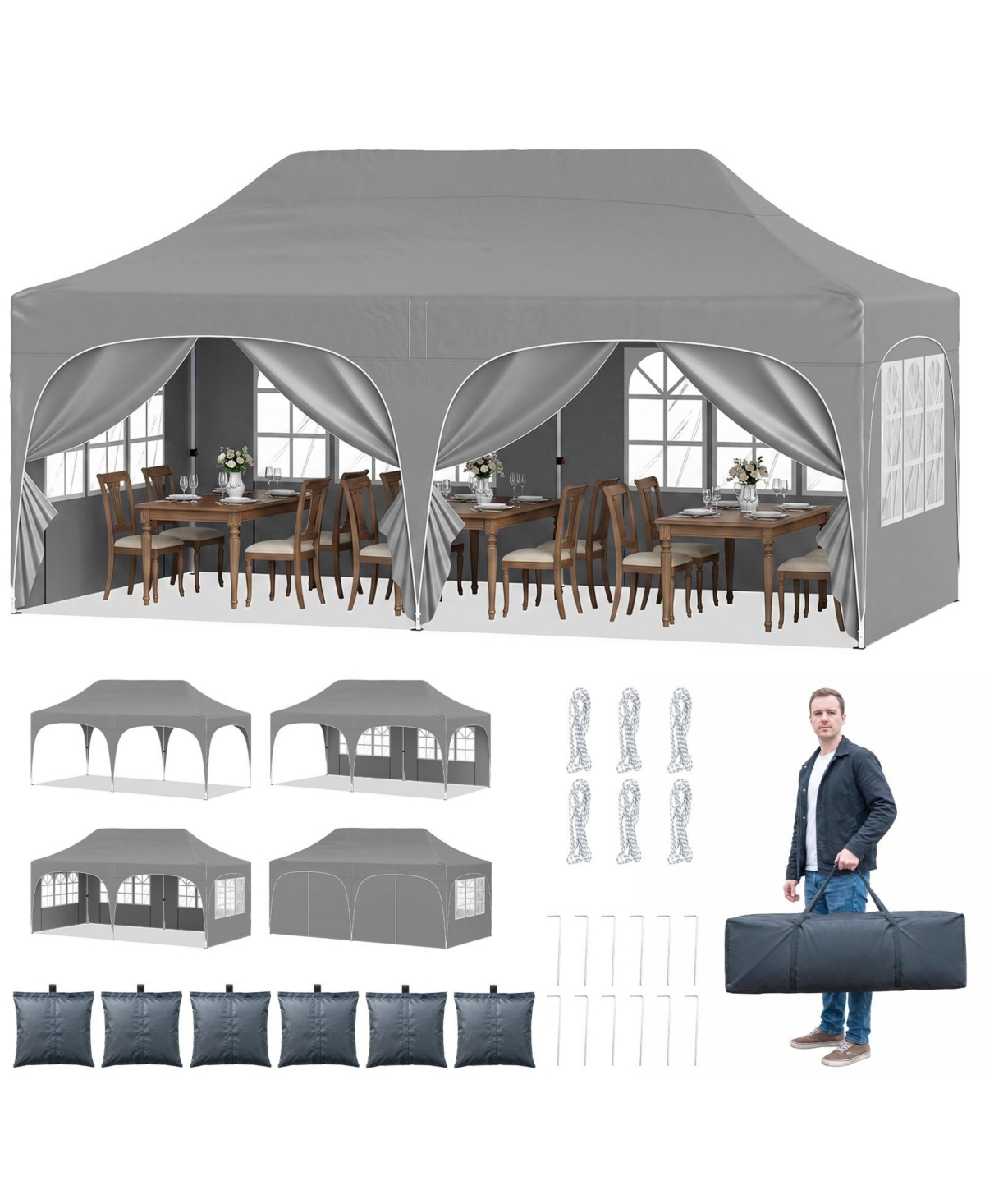 Gymax 10 x 20 ft Pop Up Canopy Tent with 6 Removable Sidewalls Adjustable Height Bag - Grey
