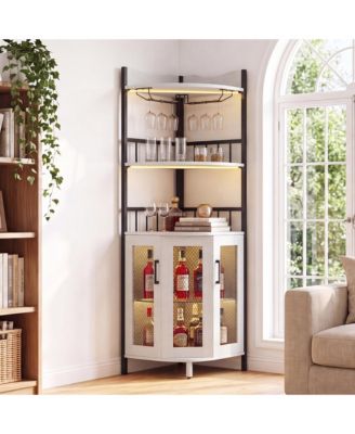 High Corner Wine Cabinet with Power Outlet - Space-Saving MDF Wooden Liquor Cabinet with LED Lights and Glass Holder