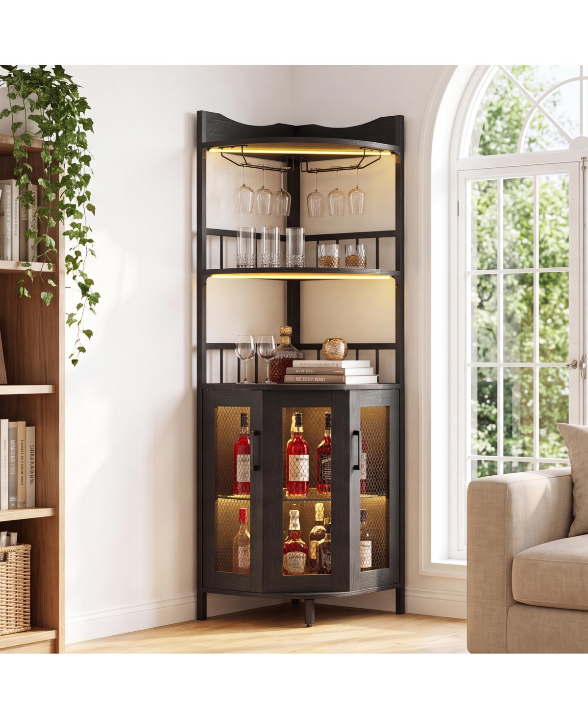 gaomon High Corner Wine Cabinet with Power Outlet - Space-Saving Mdf Wooden Liquor Led Lights and Glass Holder