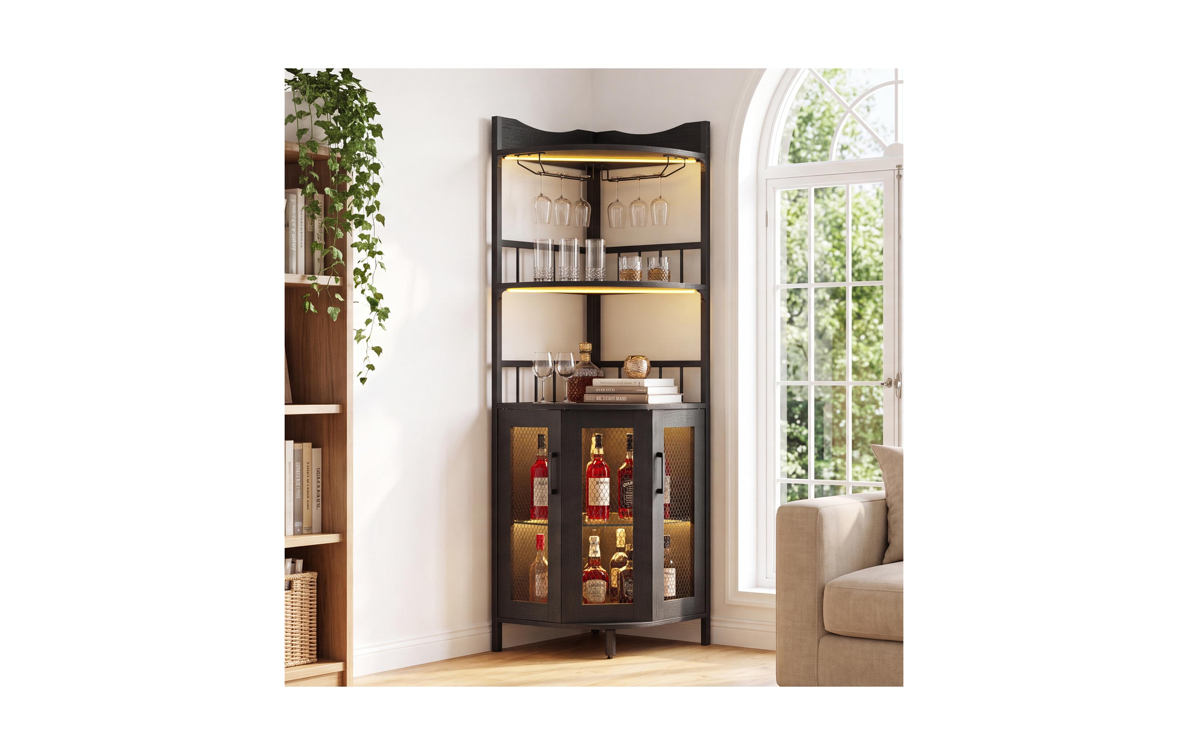 gaomon High Corner Wine Cabinet with Power Outlet - Space-Saving Mdf Wooden Liquor Led Lights and Glass Holder