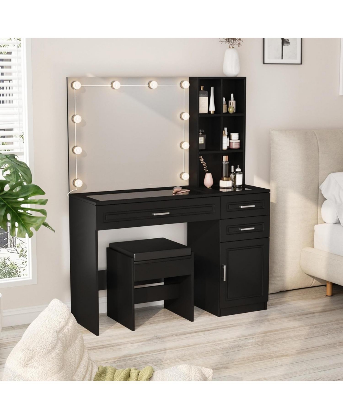 Vabches Modern Vanity Desk with Mirror, 10 Led Bulbs, Glass Top and Stool - Black without charging