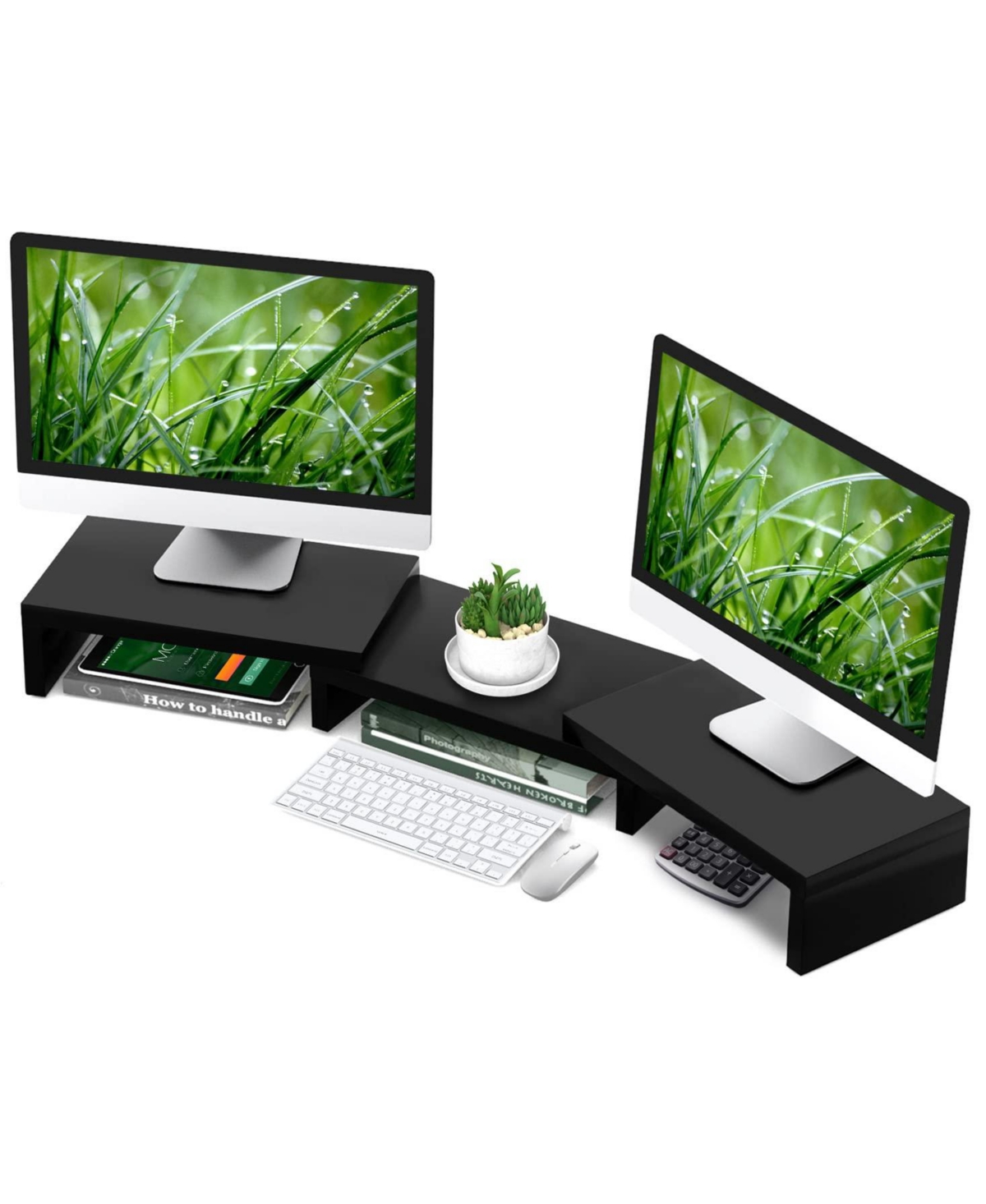 Lofree Adjustable Multi-Monitor Wooden Monitor Stand Riser for Up to Three Monitors - Black