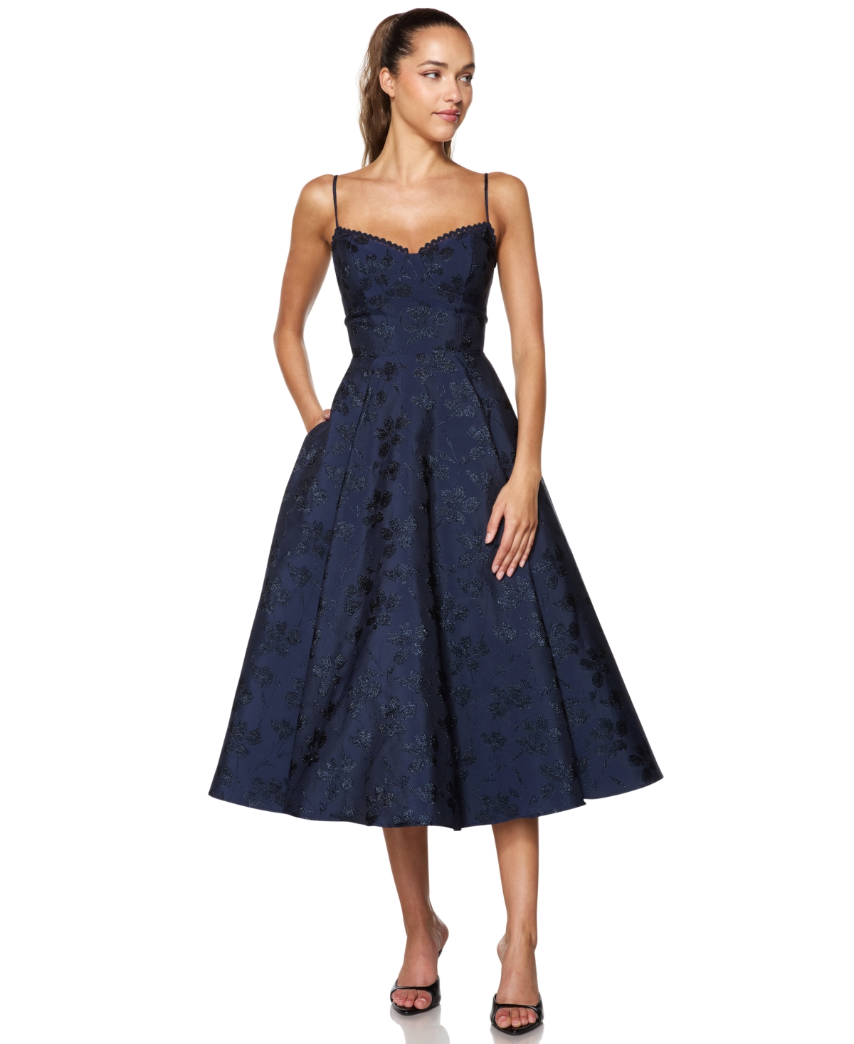 Alex & Sophia Juniors' Sweetheart Floral-Print Lace-Trim Midi Dress - Navy