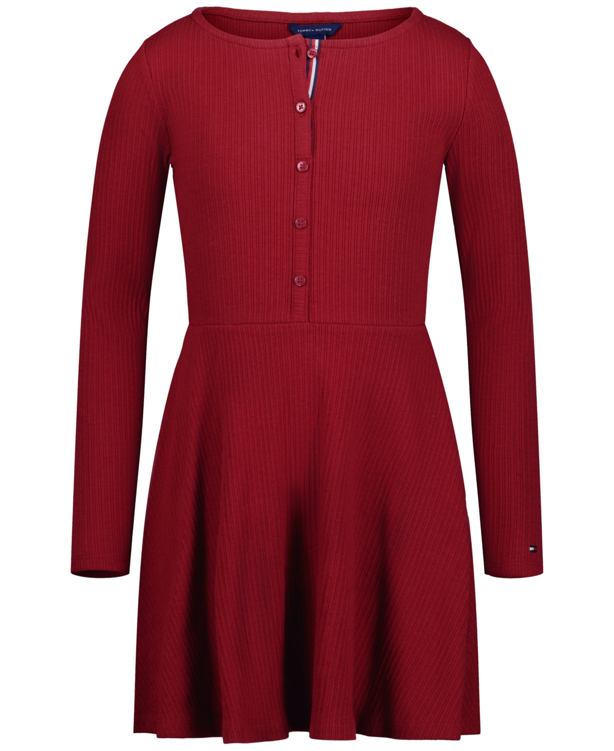 Tommy Hilfiger Girls' 7-16 Henley Fit and Flare Long-Sleeve Ribbed Dress - Merlot