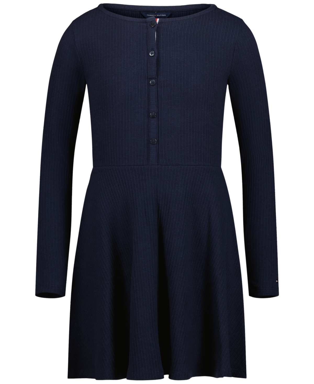 Tommy Hilfiger Girls' 7-16 Henley Fit and Flare Long-Sleeve Ribbed Dress - Navy Blazer