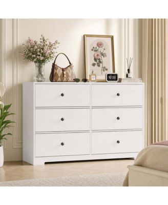 6-Drawer Storage Dresser Linen Texture 53.5 Inch Wide PB Board Chest Organizer for Bedroom Living Room Entryway