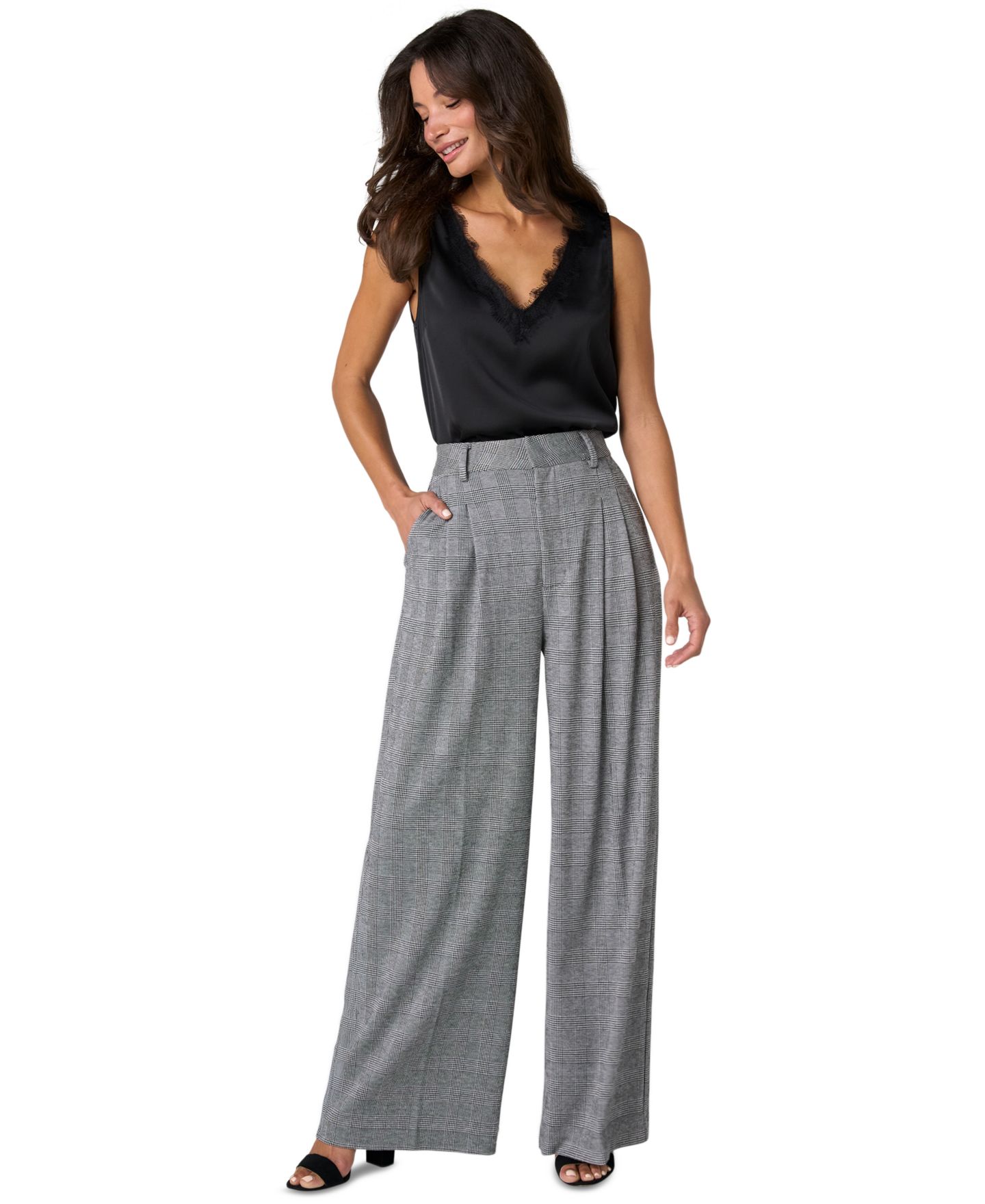 Женские брюки Liverpool Los Angeles Petite Brooke Glen Plaid High-Waisted Wide-Leg, цвет: Чёрный / Белый — фото 2
