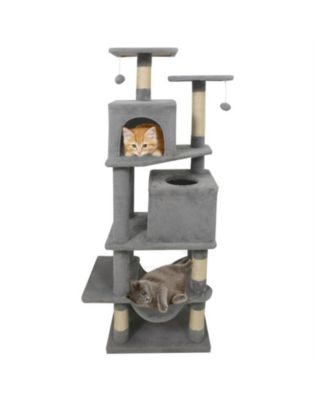 57 Inch Cat Tree with Dual Condos Swinging Hammock and 2 Dangling Play Balls
