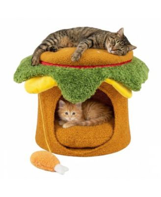 16 Inch Hamburger Shaped Cat Nest with Elevated Perch Hideaway Cave and Plush Drumstick Toy